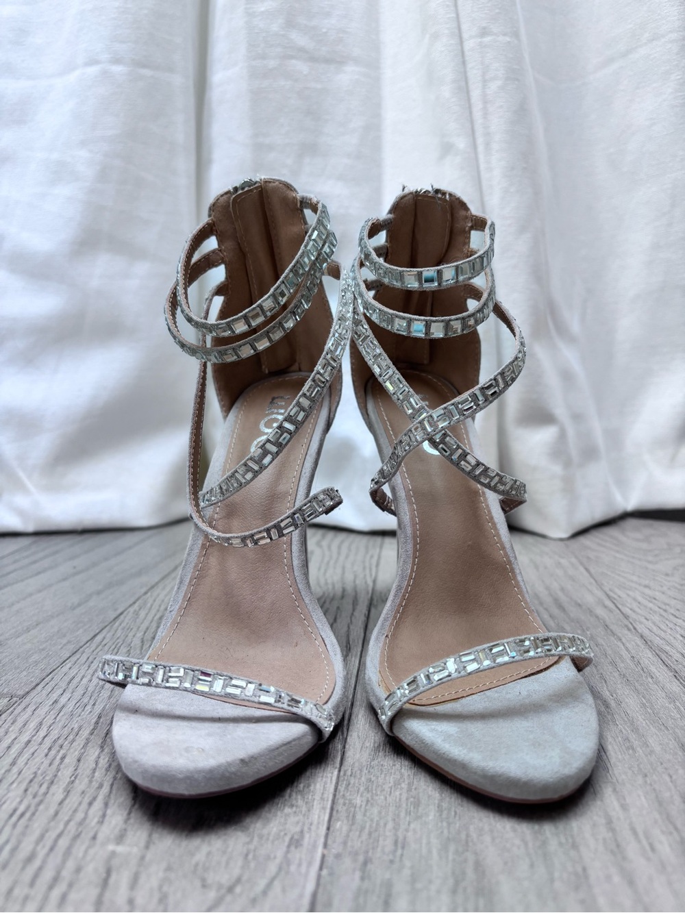 EGO Silver-Strap Light Gray Suede Heels with Crystal Embellishments